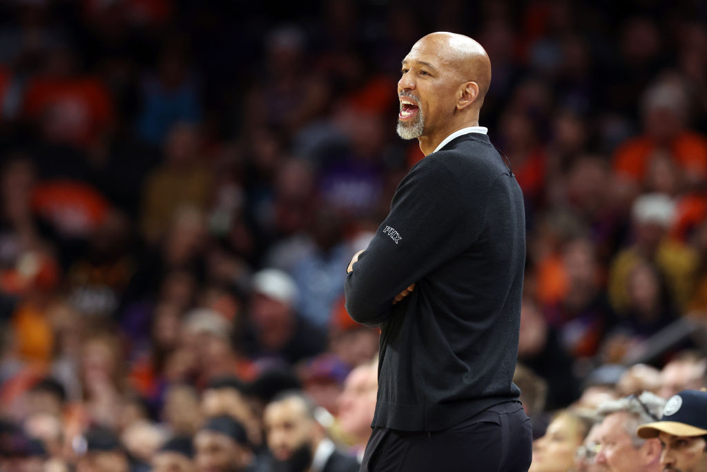 Head coach Monty Williams of the Phoenix Suns reacts during the second quarter against the Denver N...
