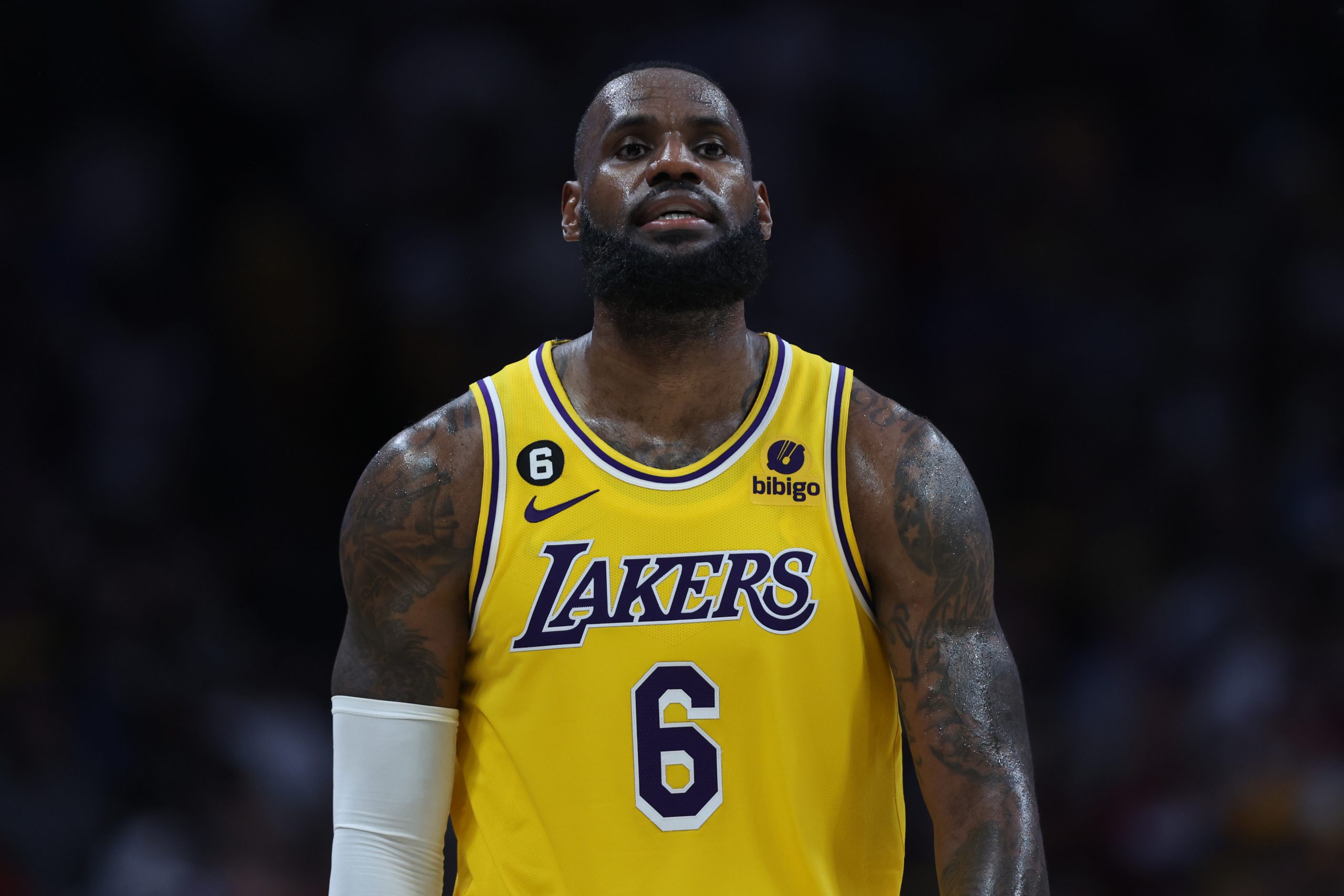 DENVER, COLORADO - MAY 18: LeBron James #6 of the Los Angeles Lakers reacts after losing to the Den...
