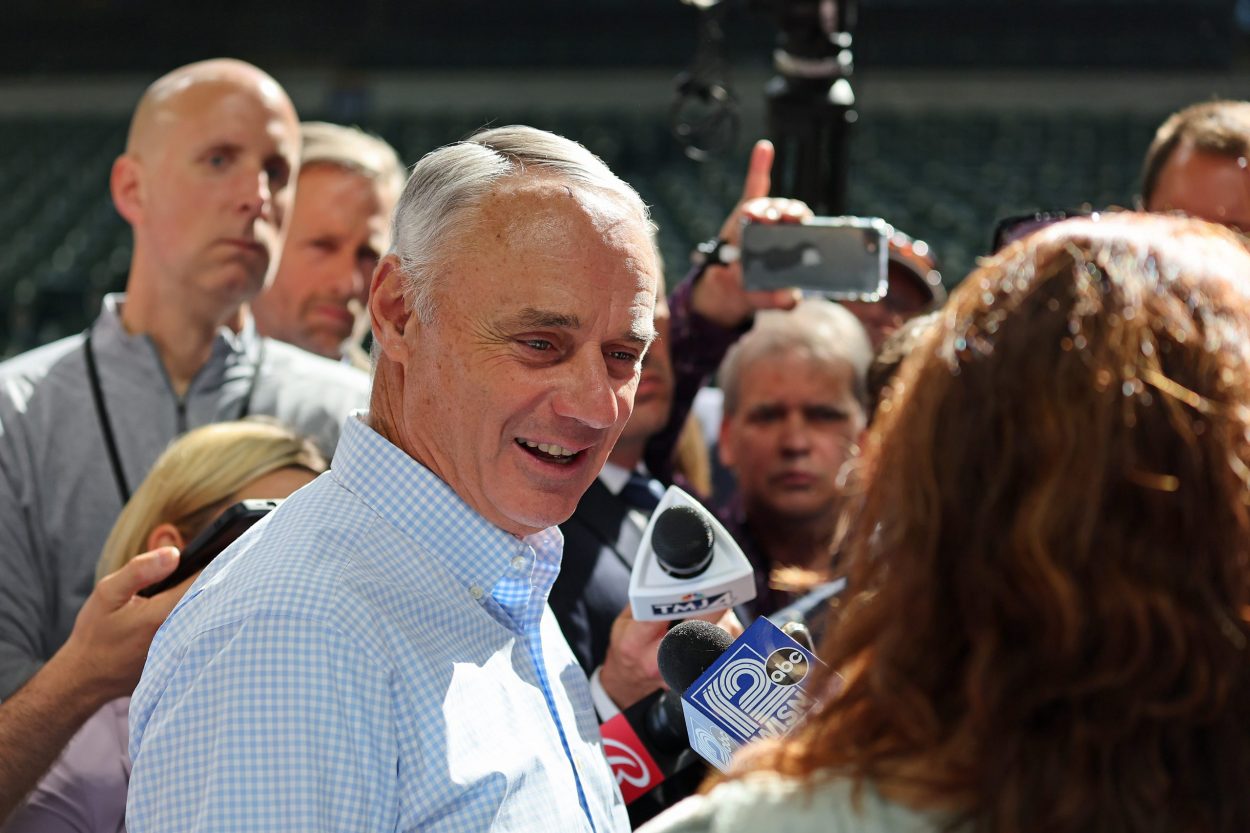 Major League Baseball Commissioner Rob Manfred speaks to the media prior to a game between the Milw...