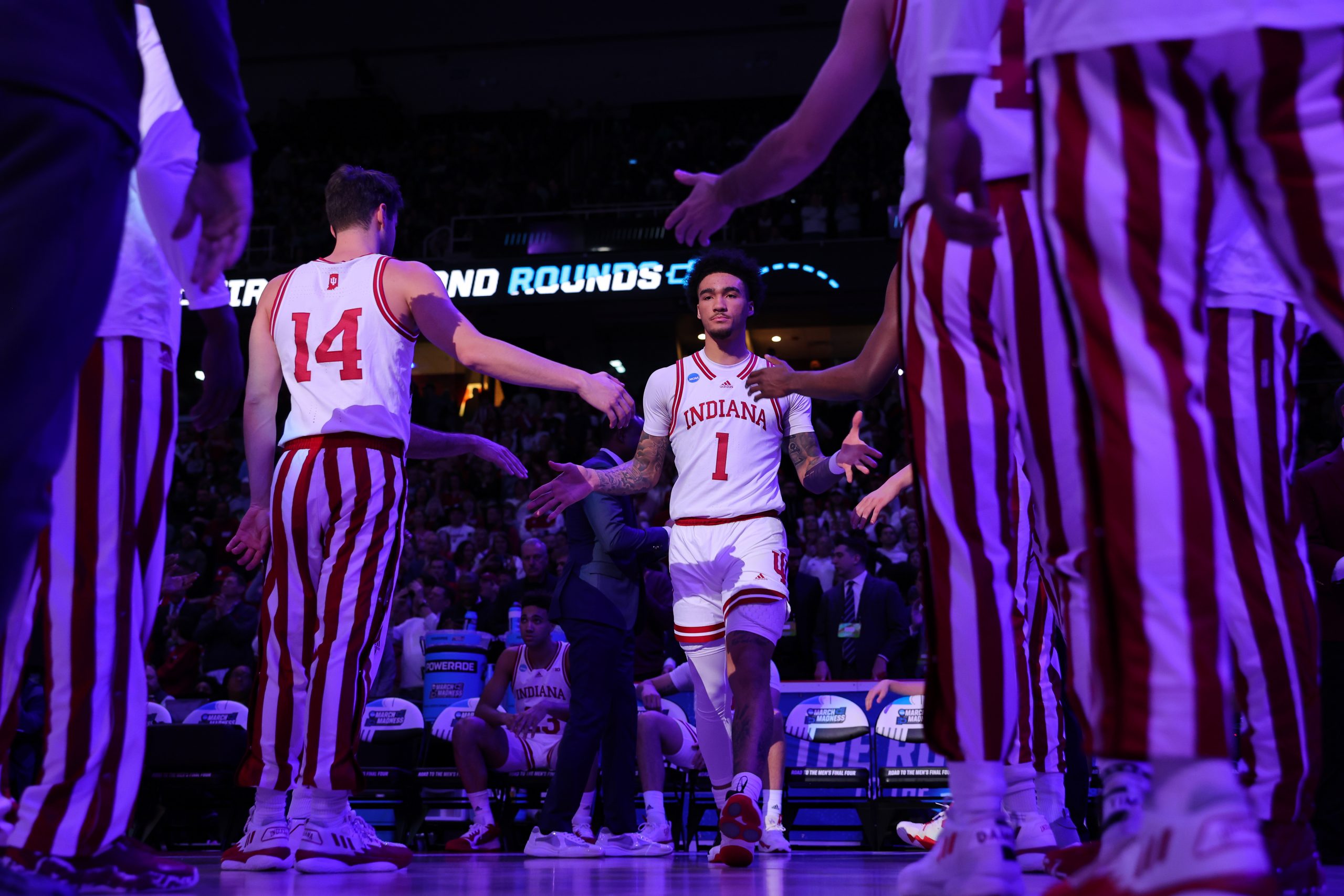 Jalen Hood-Schifino #1 of the Indiana Hoosiers is introduced before taking on the Miami Hurricanes ...
