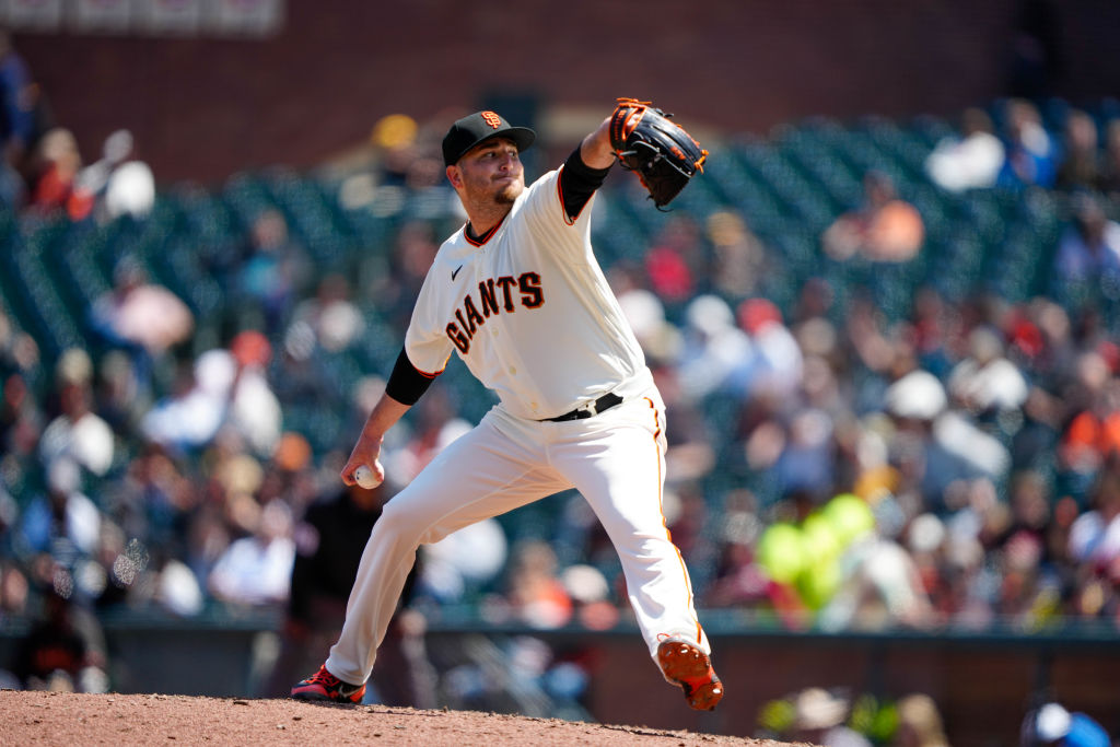 SAN FRANCISCO, CALIFORNIA - MAY 31: Luke Jackson, #77 of the San Francisco Giants, pitches in his G...