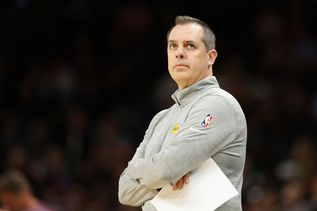 Head coach Frank Vogel of the Los Angeles Lakers reacts during the second half of the NBA game agai...