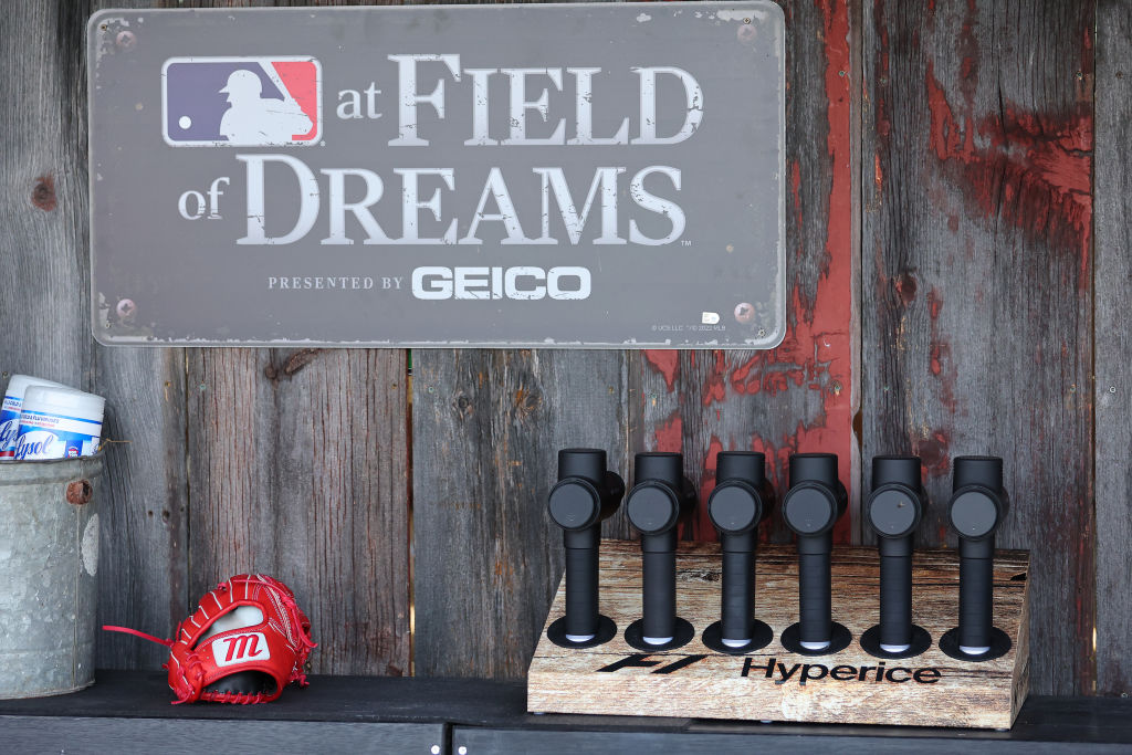 A detail of Hyperice in the dugout at Field of Dreams prior to the game between the Chicago Cubs an...