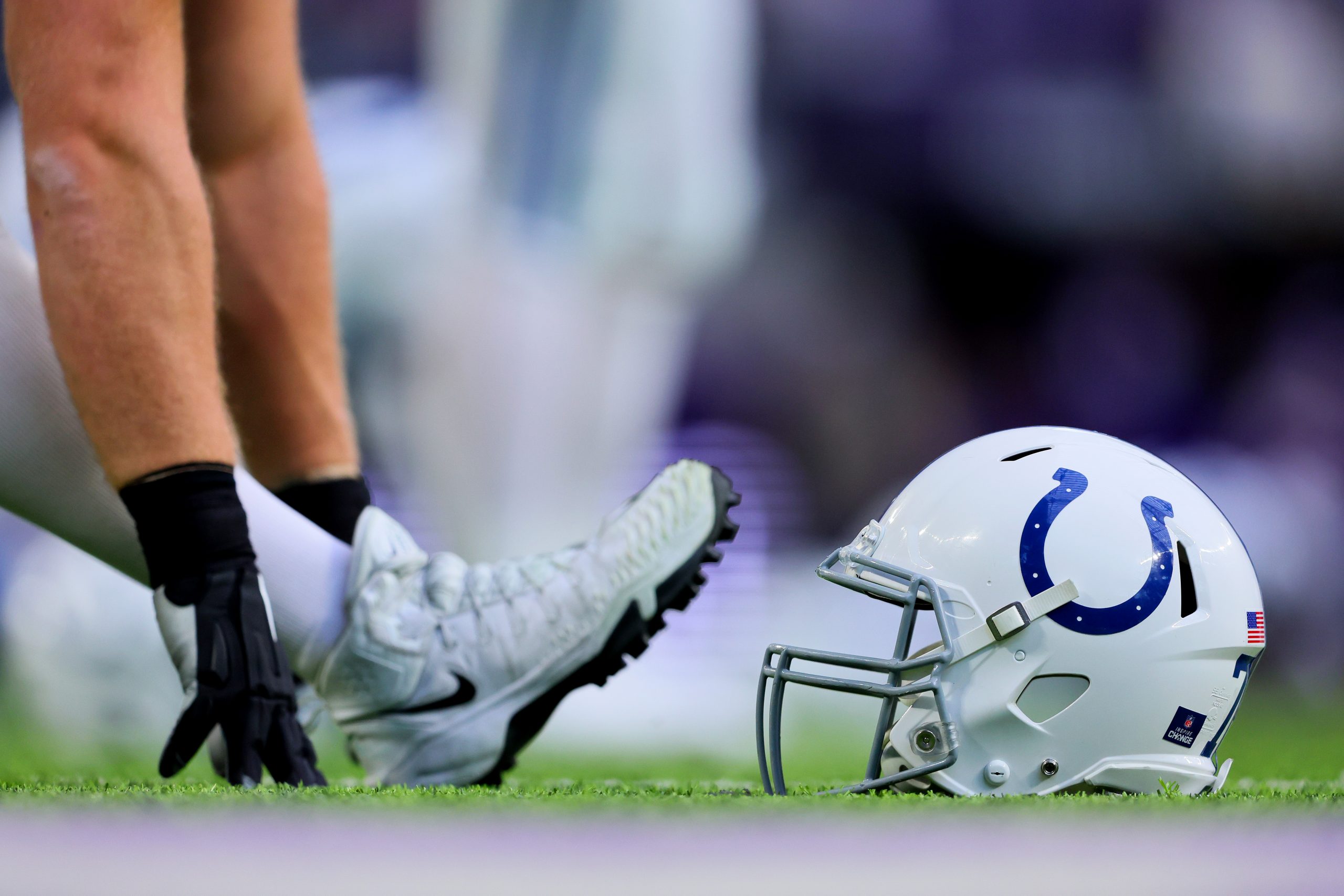 A Indianapolis Colts helmet is seen on the field prior to a game against the Minnesota Vikings at U...