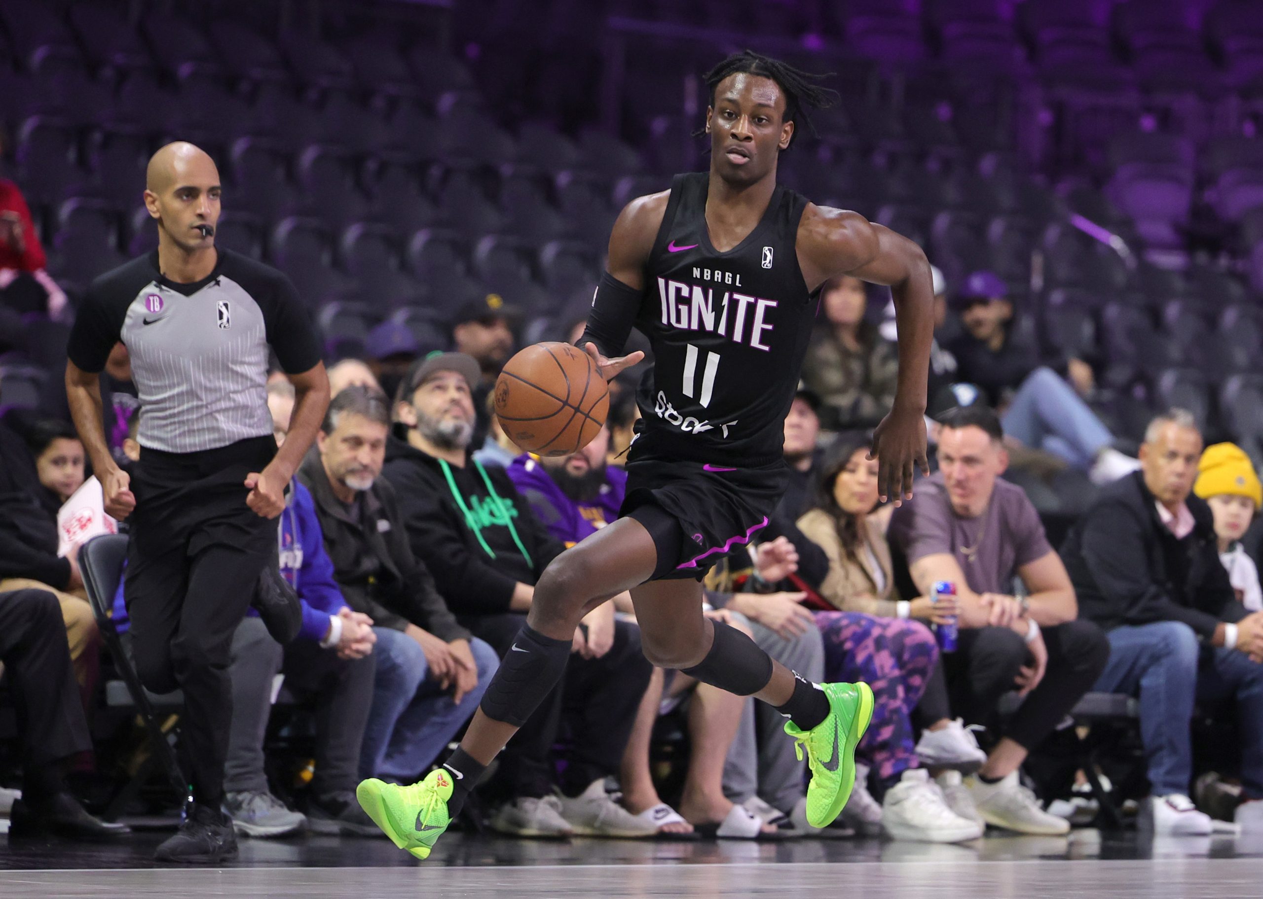 Leonard Miller #11 of G League Ignite brings the ball up the court against the Ontario Clippers in ...