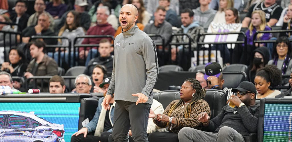 Associate Head Coach Jordi Fernández of the Sacramento Kings reacts to a play against the Denver N...