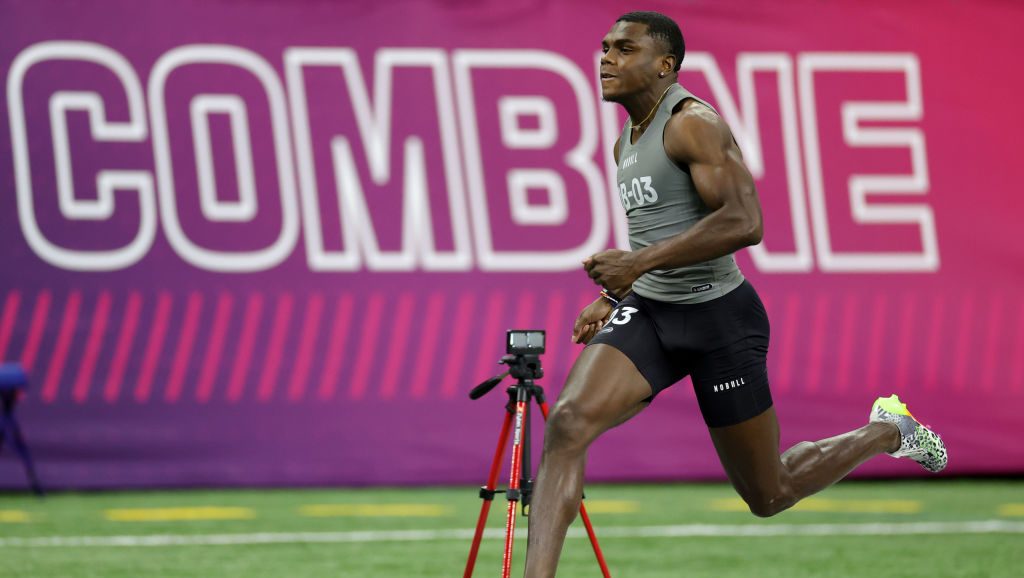 Jakorian Bennett of Maryland participates in the 40-yard dash during the NFL Combine during the NFL...