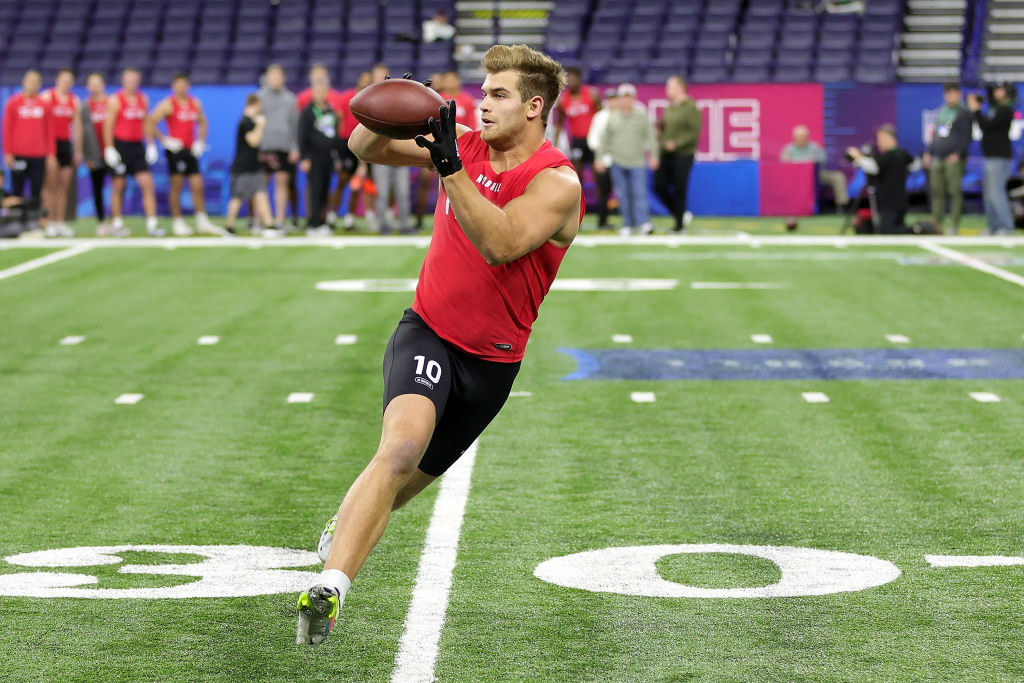 Michael Mayer of Notre Dame participates in a drill during the NFL Combine at Lucas Oil Stadium on ...