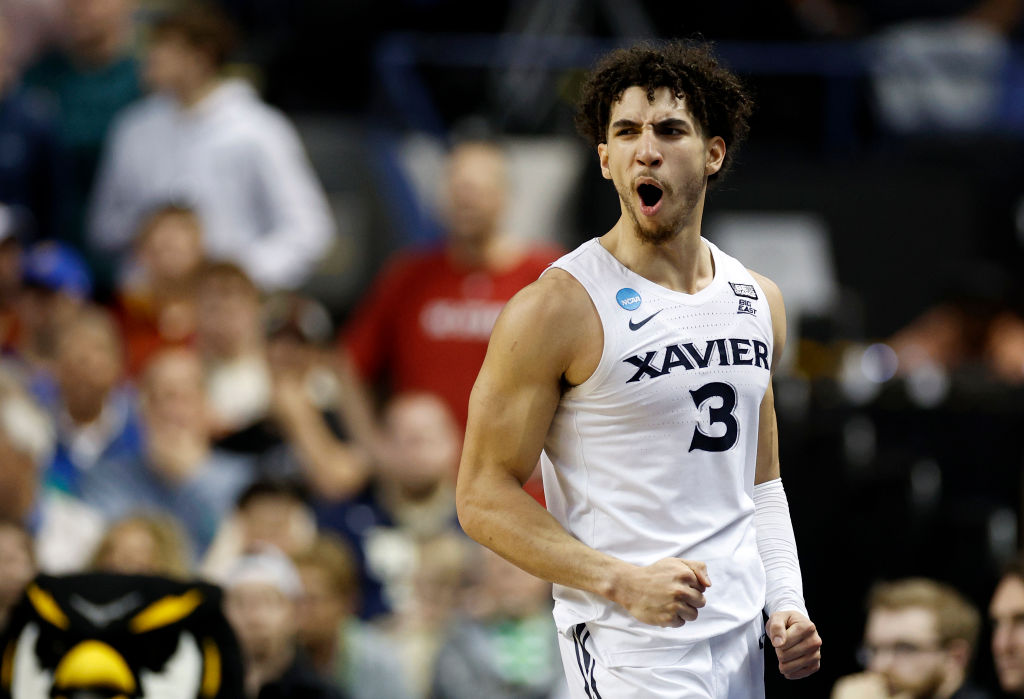 GREENSBORO, NORTH CAROLINA - MARCH 17: Colby Jones #3 of the Xavier Musketeers celebrates against t...