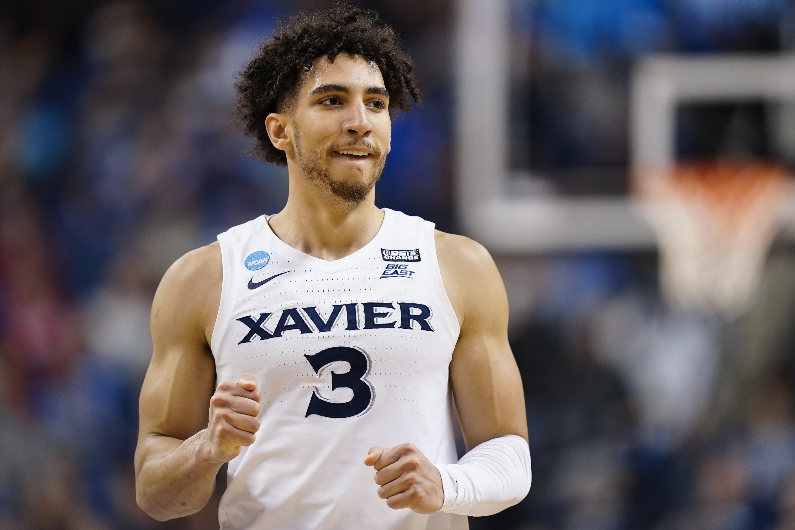 Colby Jones #3 of the Xavier Musketeers reacts during the second half against the Pittsburgh Panthe...