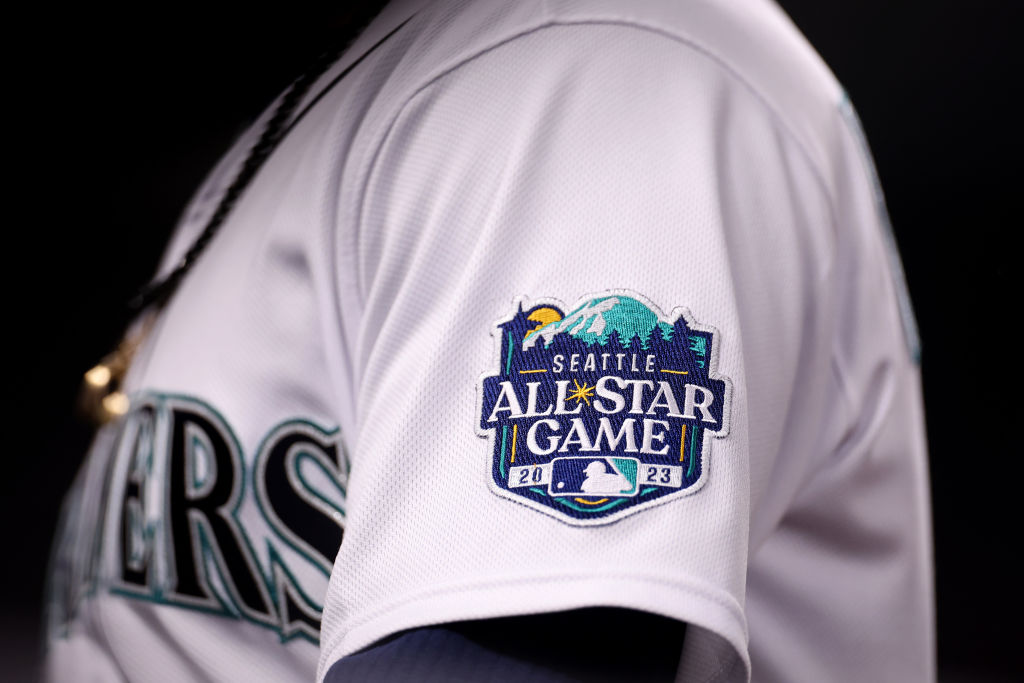SEATTLE, WASHINGTON - APRIL 21: A detail image of the All-Star Game patch is seen on the jersey of ...