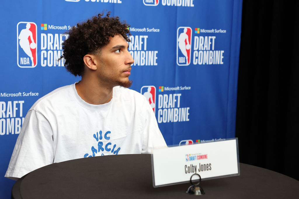 Colby Jones, selected by the Sacramento Kings in the 2nd round of the 2023 NBA Draft, speaks to the...