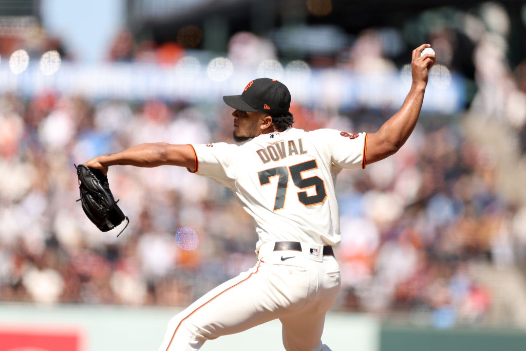 Camilo Doval #75 of the San Francisco Giants pitches against the Philadelphia Phillies at Oracle Pa...