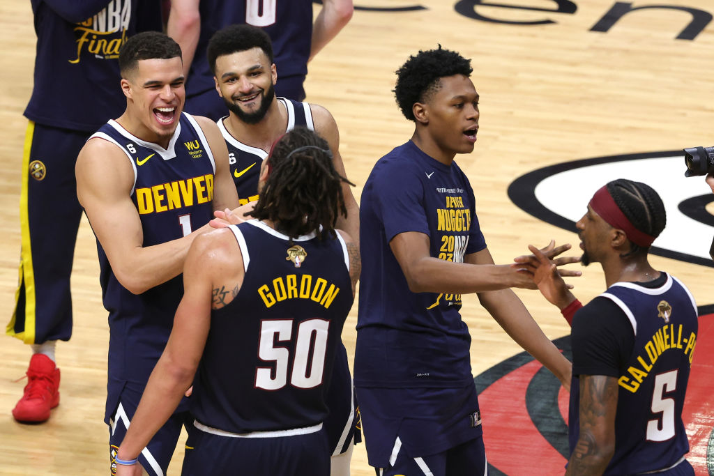 MIAMI, FLORIDA - JUNE 09: The Denver Nuggets celebrate after a 108-95 victory against the Miami Hea...