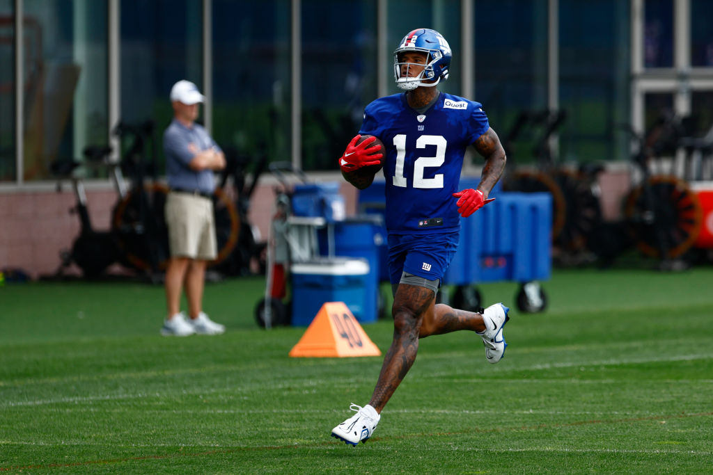 Tight end Darren Waller #12 of the New York Giants runs a drill during the teams mini camp at Quest...