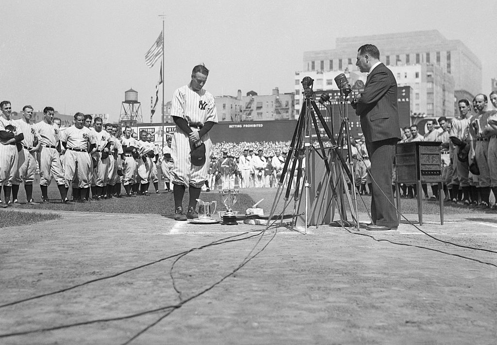 (Original Caption) 7/4/1939- New York, NY: Gehrig honored at Yankee Stadium Double Party- Lou Gehri...
