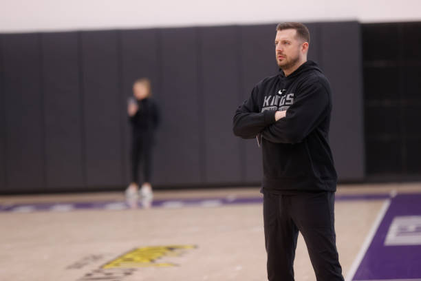 Luke Loucks of the Sacramento Kings participates in an all access practice on March 8, 2023 at the ...
