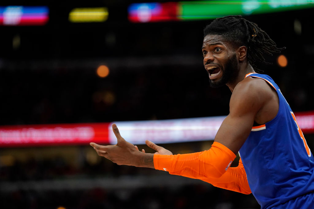 CHICAGO, ILLINOIS - NOVEMBER 21: Nerlens Noel #3 of the New York Knicks reacts after a call in the ...
