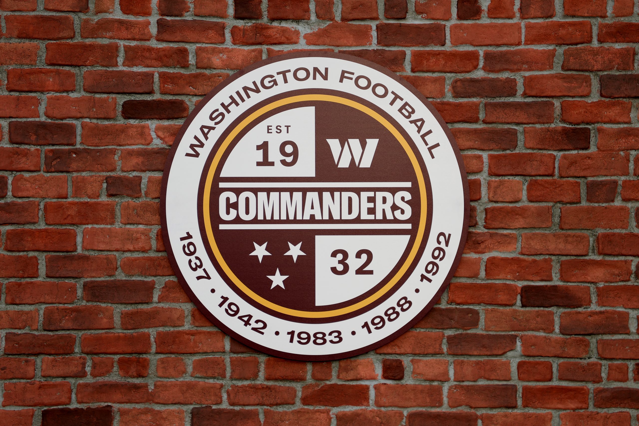 A detailed view of a Washington Commanders logo during the announcement of the Washington Football ...