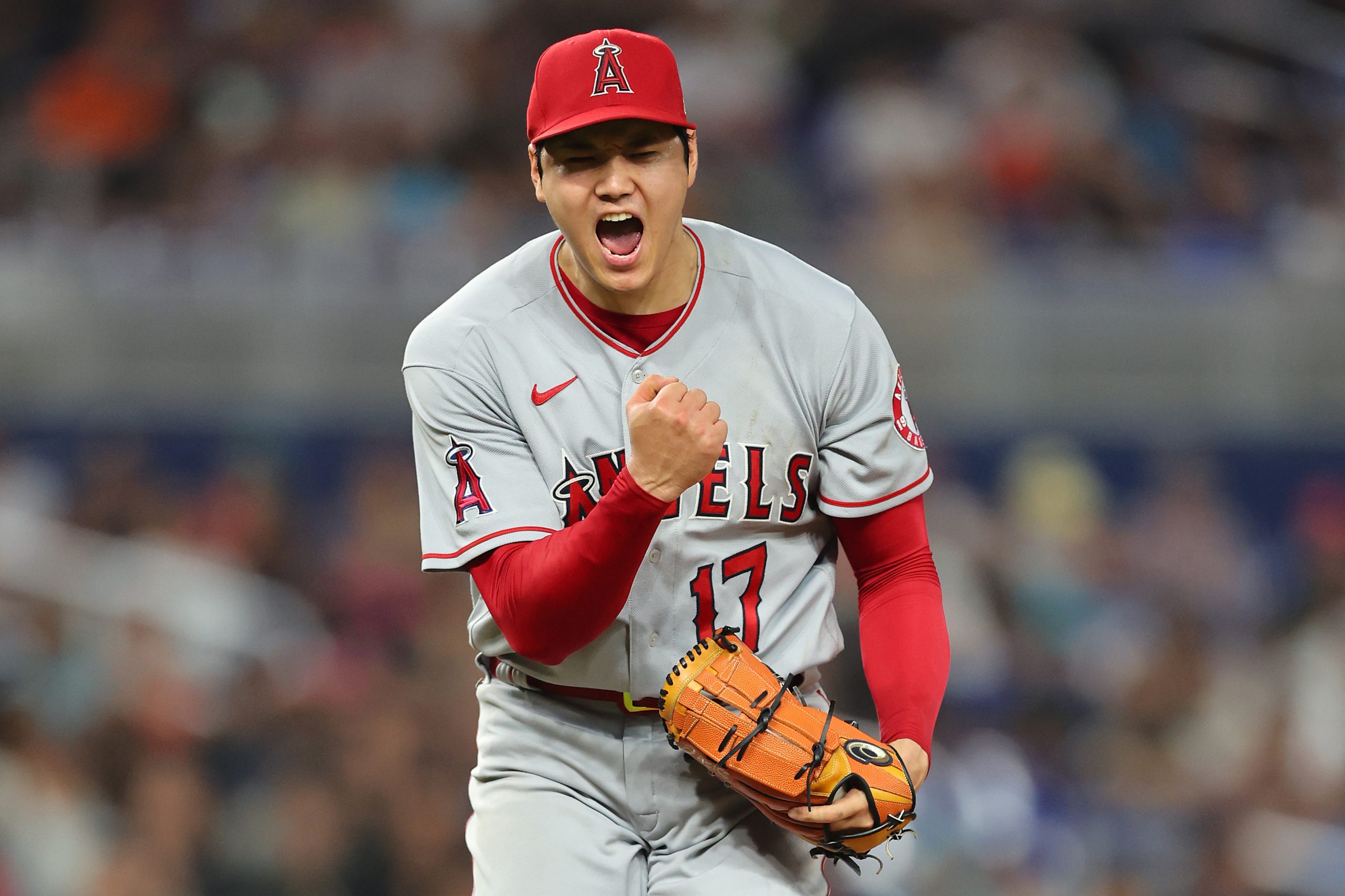 Shohei Ohtani #17 of the Los Angeles Angels celebrates a strikeout during the seventh inning agains...