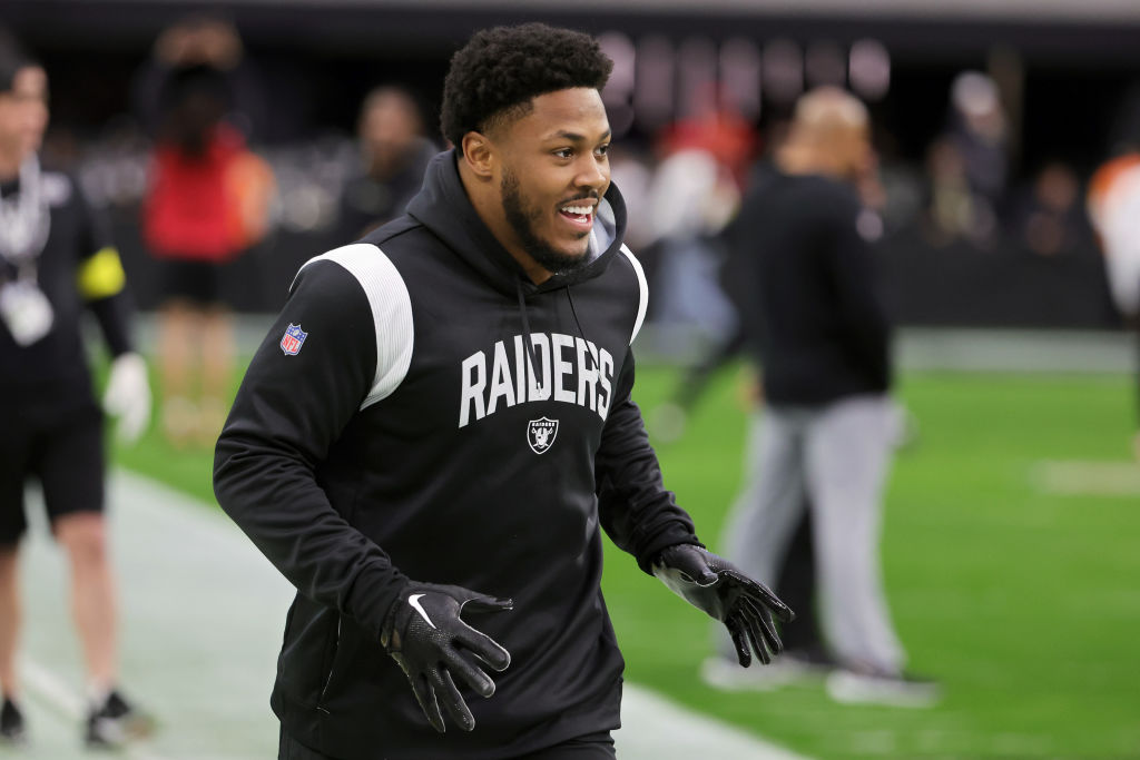 Josh Jacobs #28 of the Las Vegas Raiders warms up prior to a game against the San Francisco 49ers a...