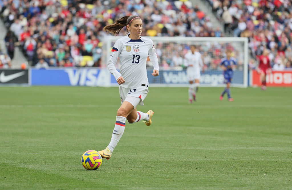 Alex Morgan #13 of the United States against Japan during the 2023 SheBelieves Cup at GEODIS Park o...