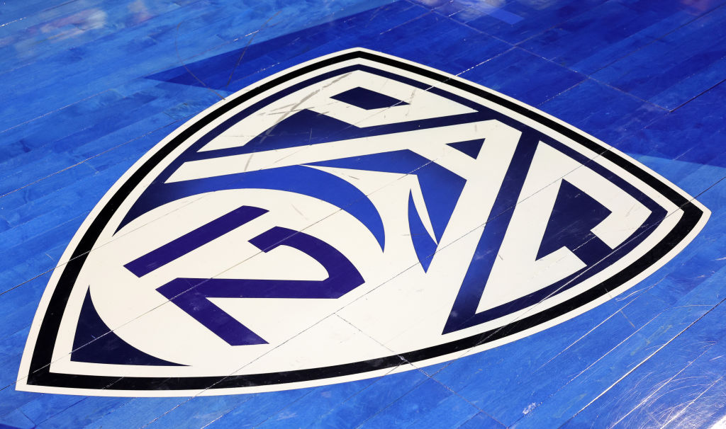 A Pac-12 Conference logo is shown on the court before the Pac-12 Conference women's basketball tour...