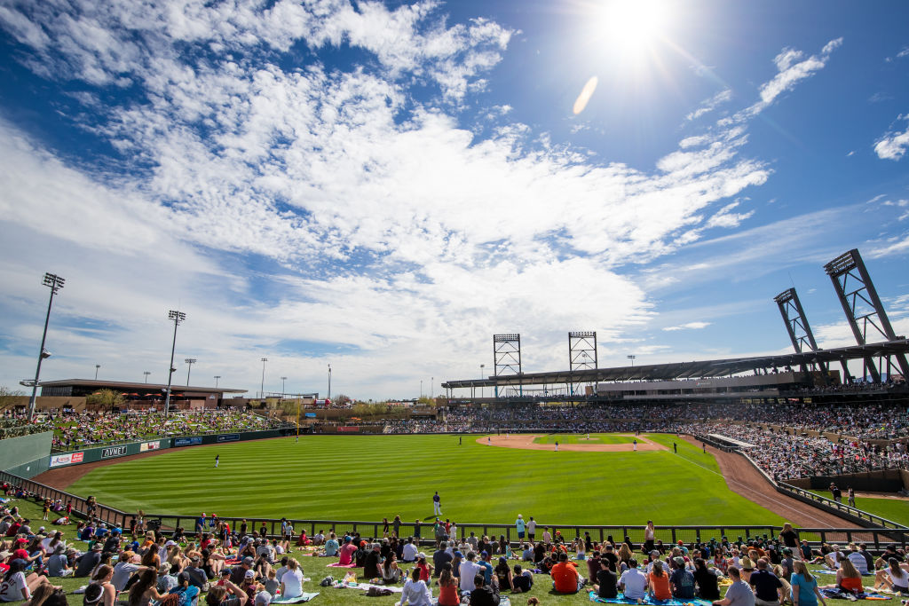 A general view of the stadium during the sixth inning of the Spring Training game between the San F...