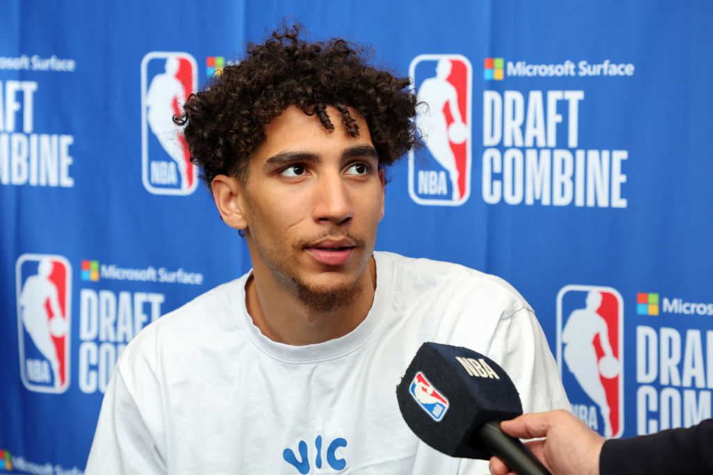 CHICAGO, ILLINOIS - MAY 17: Colby Jones speaks with the media during the NBA Draft Combine at the W...
