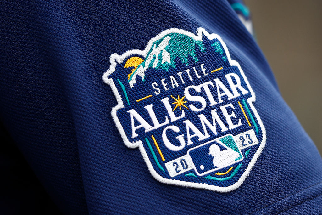 A detail of the All-Star Game 2023 logo patch at Angel Stadium of Anaheim on June 11, 2023 in Anahe...