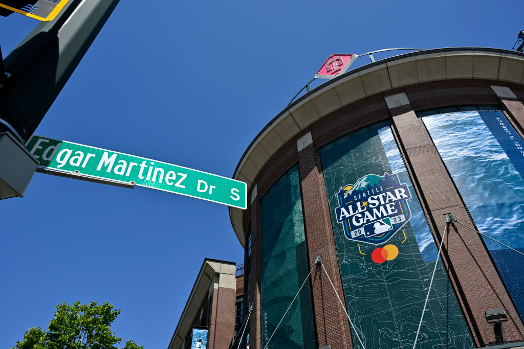 A view of the 2023 MLB Seattle All-Star Game signage at T-Moble Park located on Edgar Martinez Dr b...
