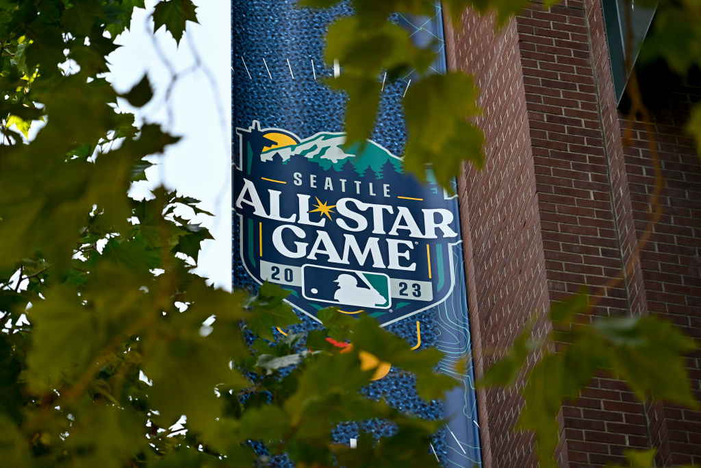 A view of the 2023 MLB Seattle All-Star Game signage at T-Moble Park before the game between the Se...