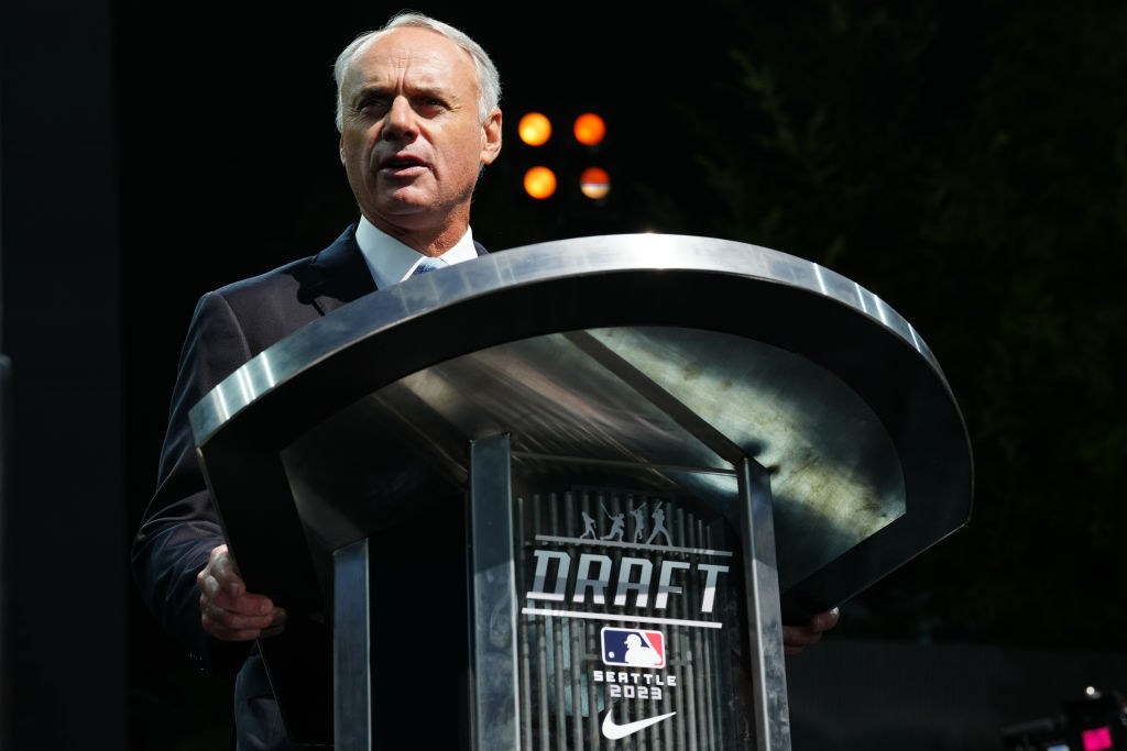 MLB Commissioner Rob Manfred speaks during the MLB Draft presented by Nike at Lumen Field on Sunday...