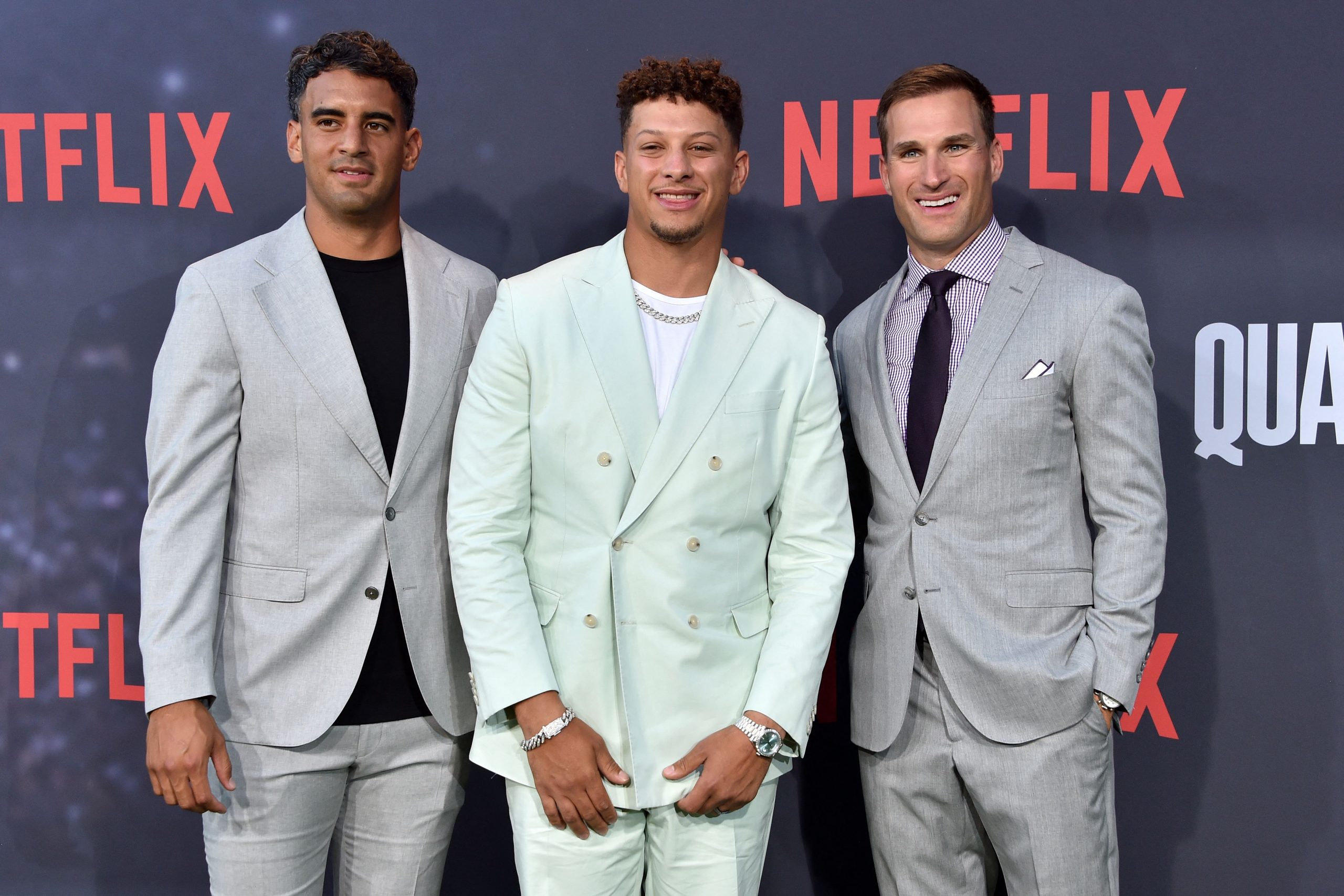 US american football players Marcus Mariota (L), Patrick Mahomes (C) and Kirk Cousins arrive for th...
