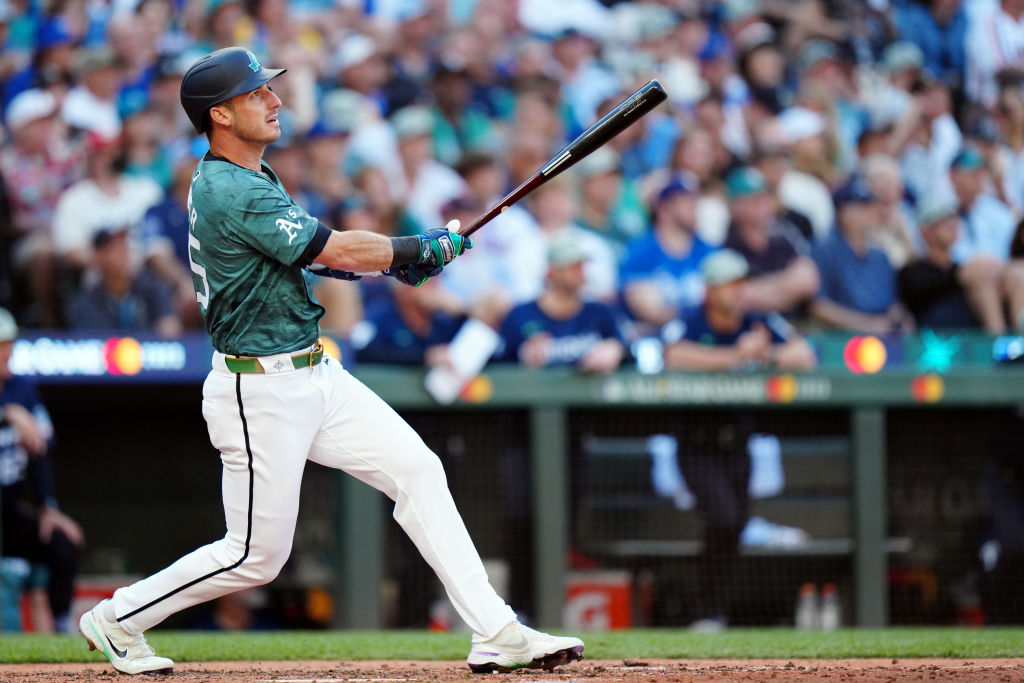 Brent Rooker #25 of the Oakland Athletics doubles in the sixth inning during the 93rd MLB All-Star ...