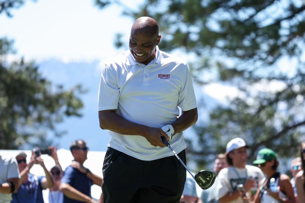 Sports analyst Charles Barkley reacts after his tee on the 14th hole prior to the 2023 American Cen...