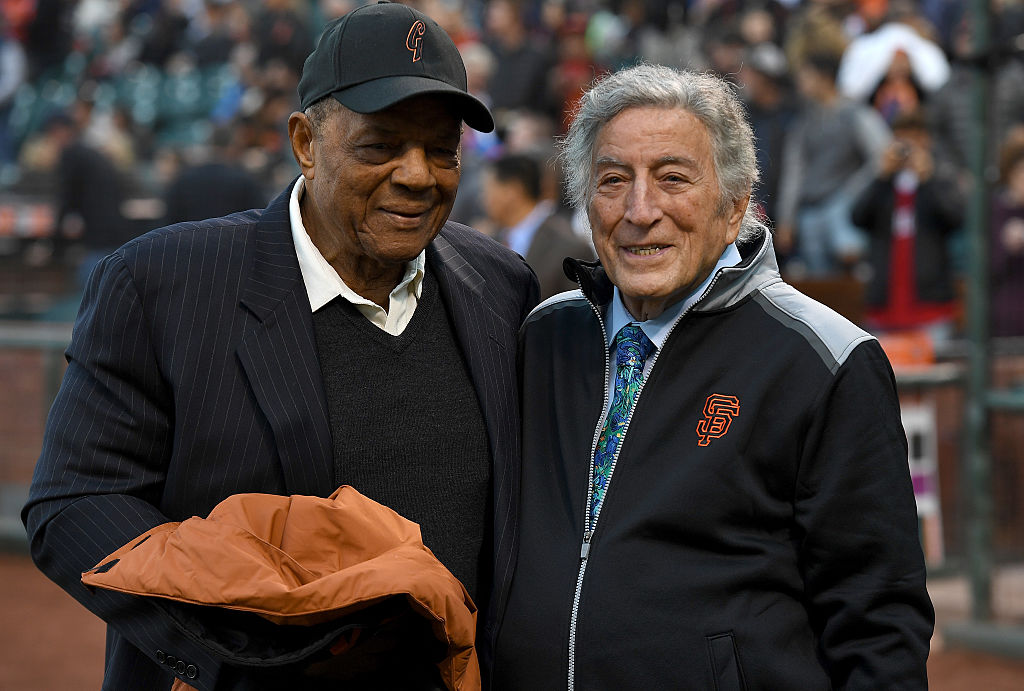 SAN FRANCISCO, CA - AUGUST 19:  Former San Francisco Giants Willie Mays (L) stands with singer Tony...