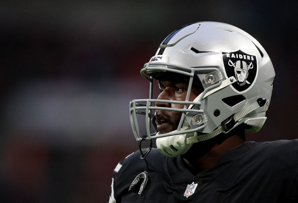 Brandon Parker of Oakland Raiders looks on during the NFL International series match between Seattl...