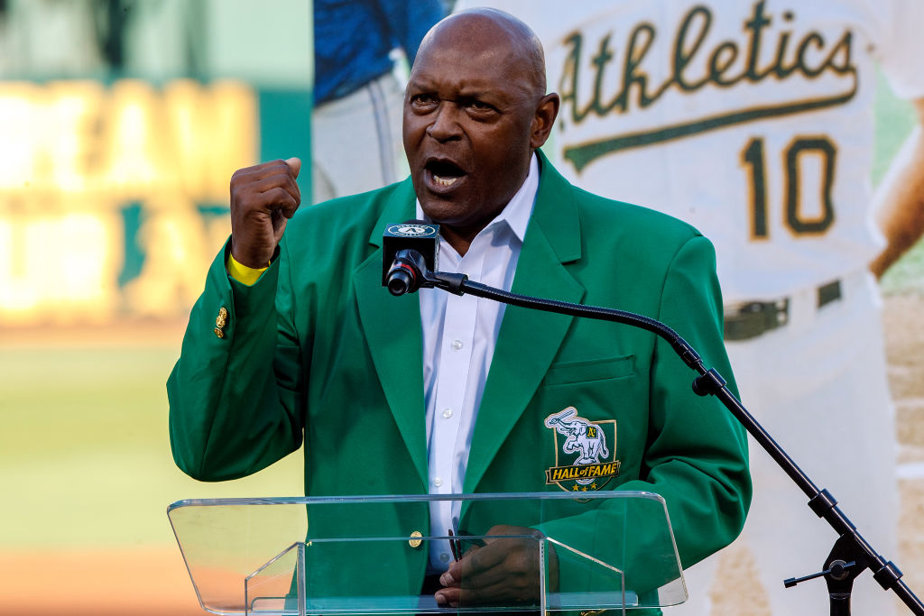 Former pitcher Vida Blue of the Oakland Athletics speaks as he is inducted into the team's Hall of ...