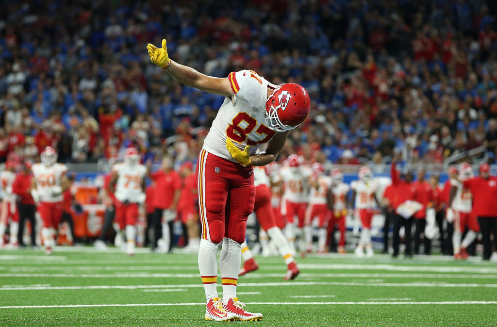 Travis Kelce #87 of the Kansas City Chiefs open the 2023 NFL season against the Detroit Lions on Th...