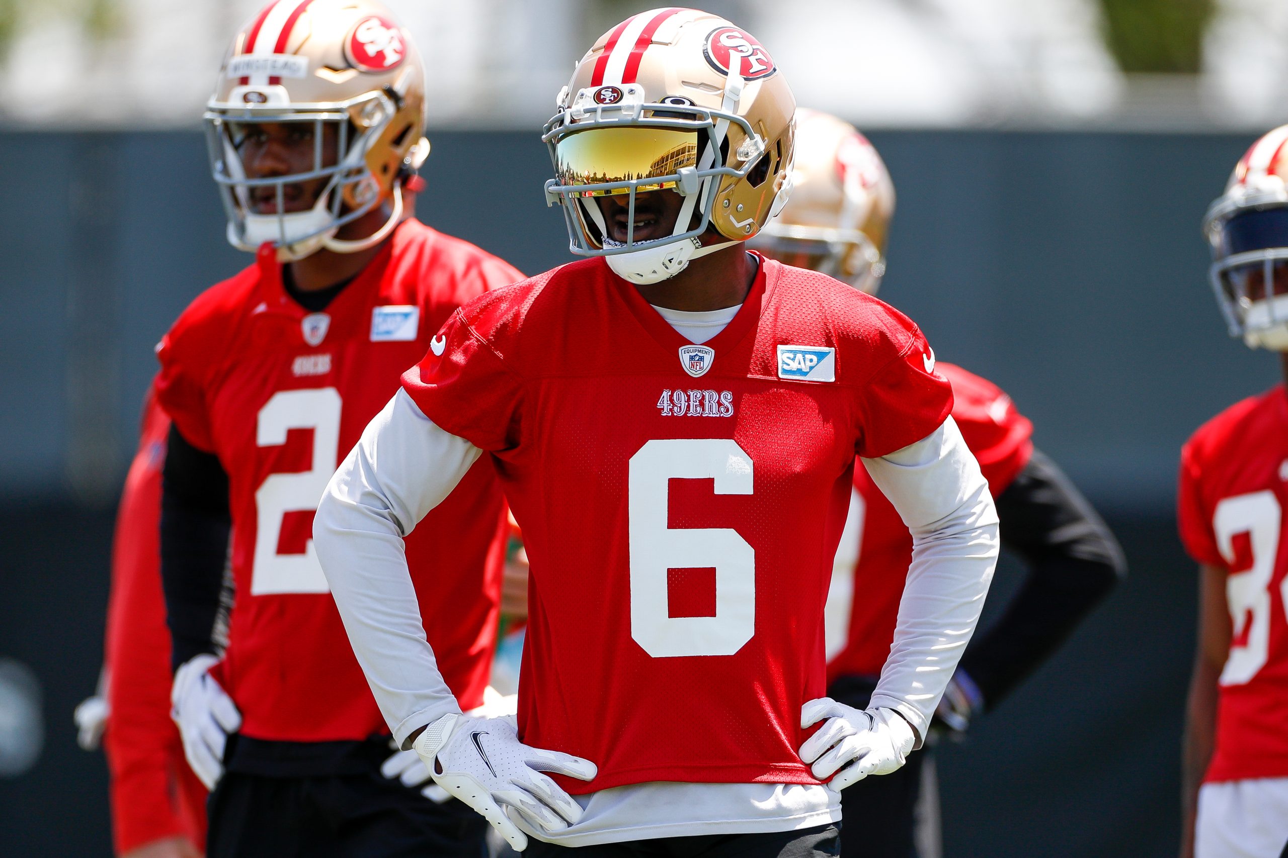 San Francisco 49ers wide receiver Danny Gray (6) takes part in a drill during the team's OTA practi...