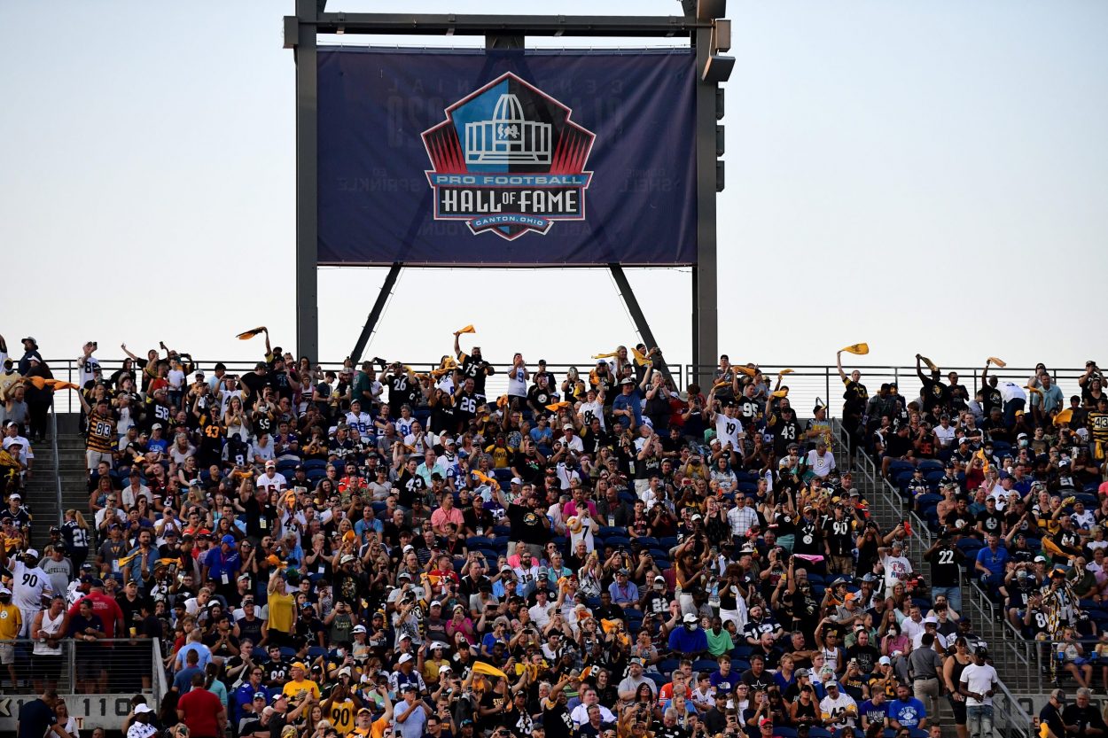 Fans cheer during the 2021 NFL preseason Hall of Fame Game between the Pittsburgh Steelers and Dall...