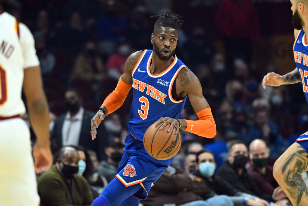 CLEVELAND, OHIO - JANUARY 24: Nerlens Noel #3 of the New York Knicks brings the ball up court durin...