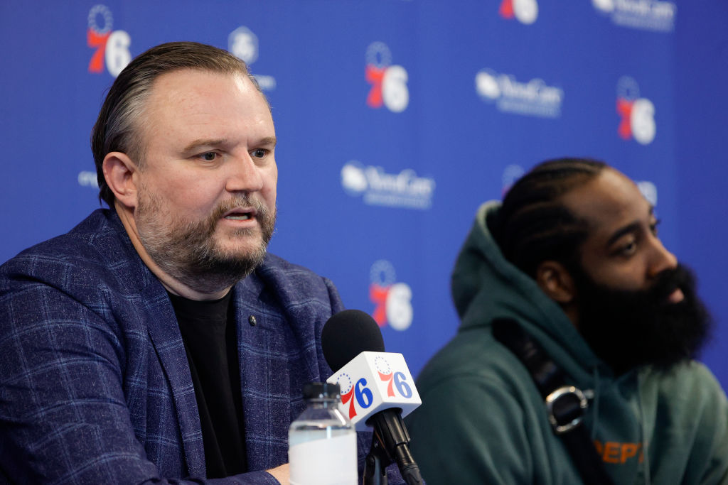 President of basketball operations Daryl Morey responds during a press conference at the Seventy Si...