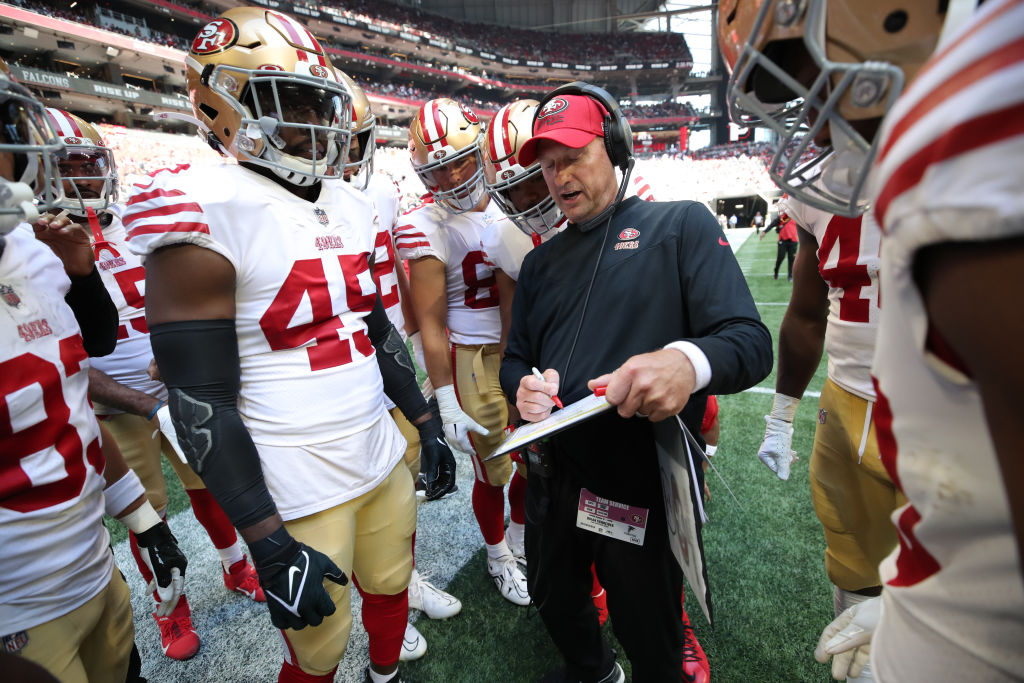49ers Special Teams Coordinator Brian Schneider with the special teams unit on the sideline during ...