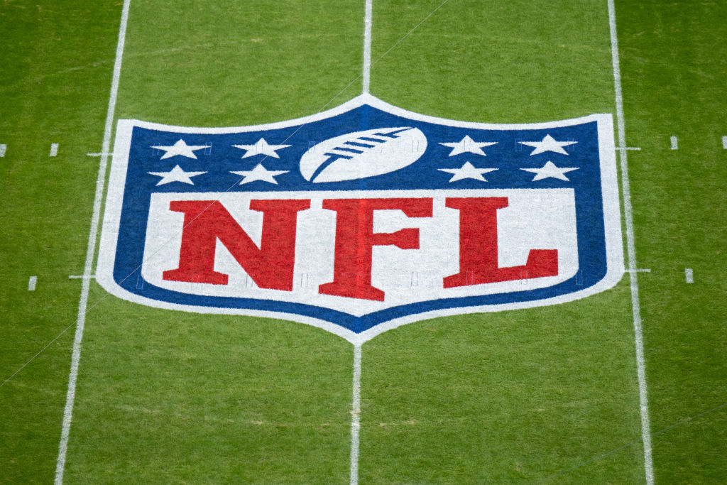 The NFL logo is painted on the field prior to the NFL match between Seattle Seahawks and Tampa Bay...