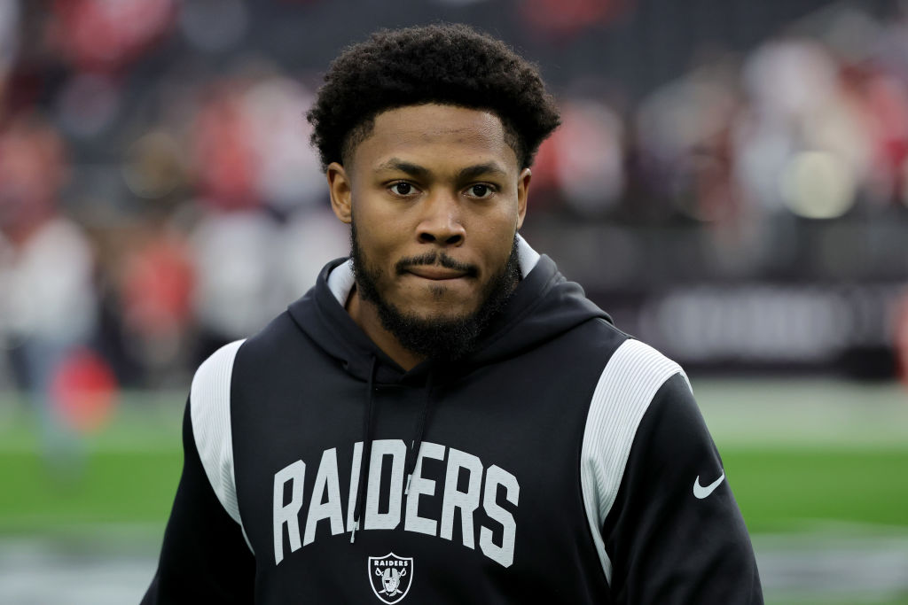 Josh Jacobs #28 of the Las Vegas Raiders warms up prior to a game against the San Francisco 49ers a...