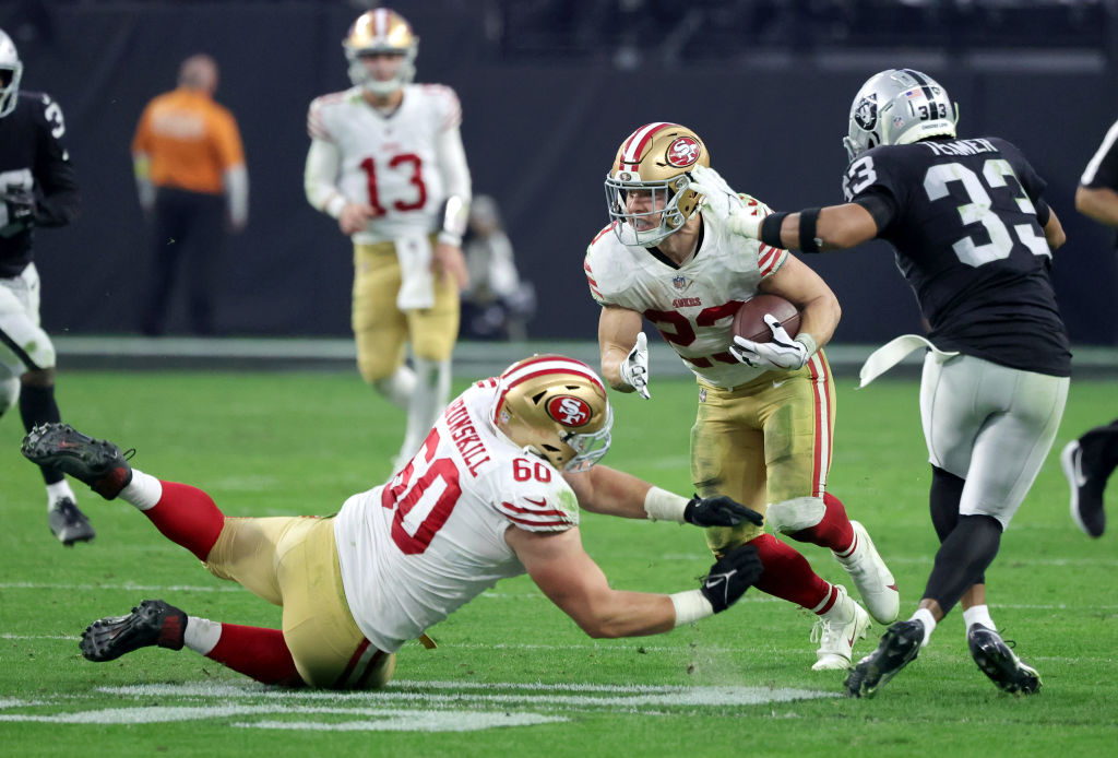 Offensive tackle Daniel Brunskill #60 of the San Francisco 49ers throws a block against against saf...