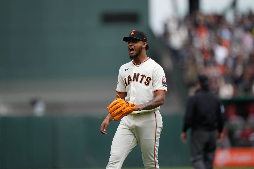 SAN FRANCISCO, CALIFORNIA - AUGUST 3: Camilo Doval #75 of the San Francisco Giants pitching against...