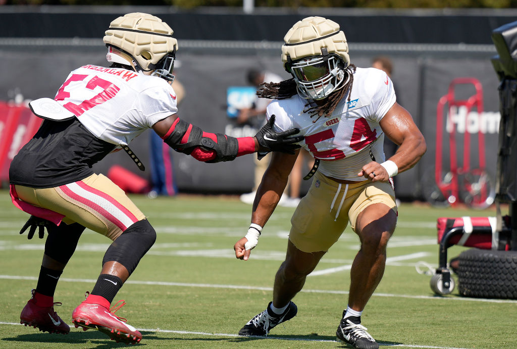 Fred Warner #54 of the San Francisco 49ers works out during training camp at SAP Performance Facili...